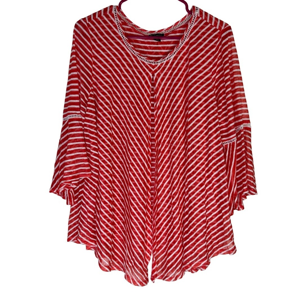 New Directions Blouse Women 1X Coral White Striped Bell Sleeve V-Neck Boho Top